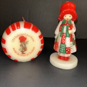 Lot of 2 VTG Holly Hobbie Christmas Candles Wax Figurine and Peppermint Candy